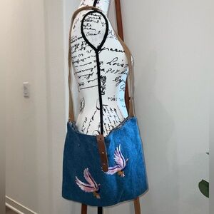 RAJ Denim Crossbody Bag with Bird Embroidery